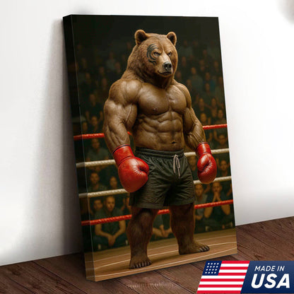 Boxing Bear Canvas Wall Art, Muscular Fighter in Red Gloves, Gym & Man Cave Decor