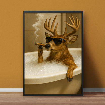 Funny Deer in Bathtub Canvas – Retro Animal Art Print with SunGlasses and Smoking for Wall Decor