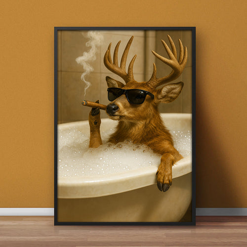 Funny Deer in Bathtub Canvas – Retro Animal Art Print with SunGlasses and Smoking for Wall Decor