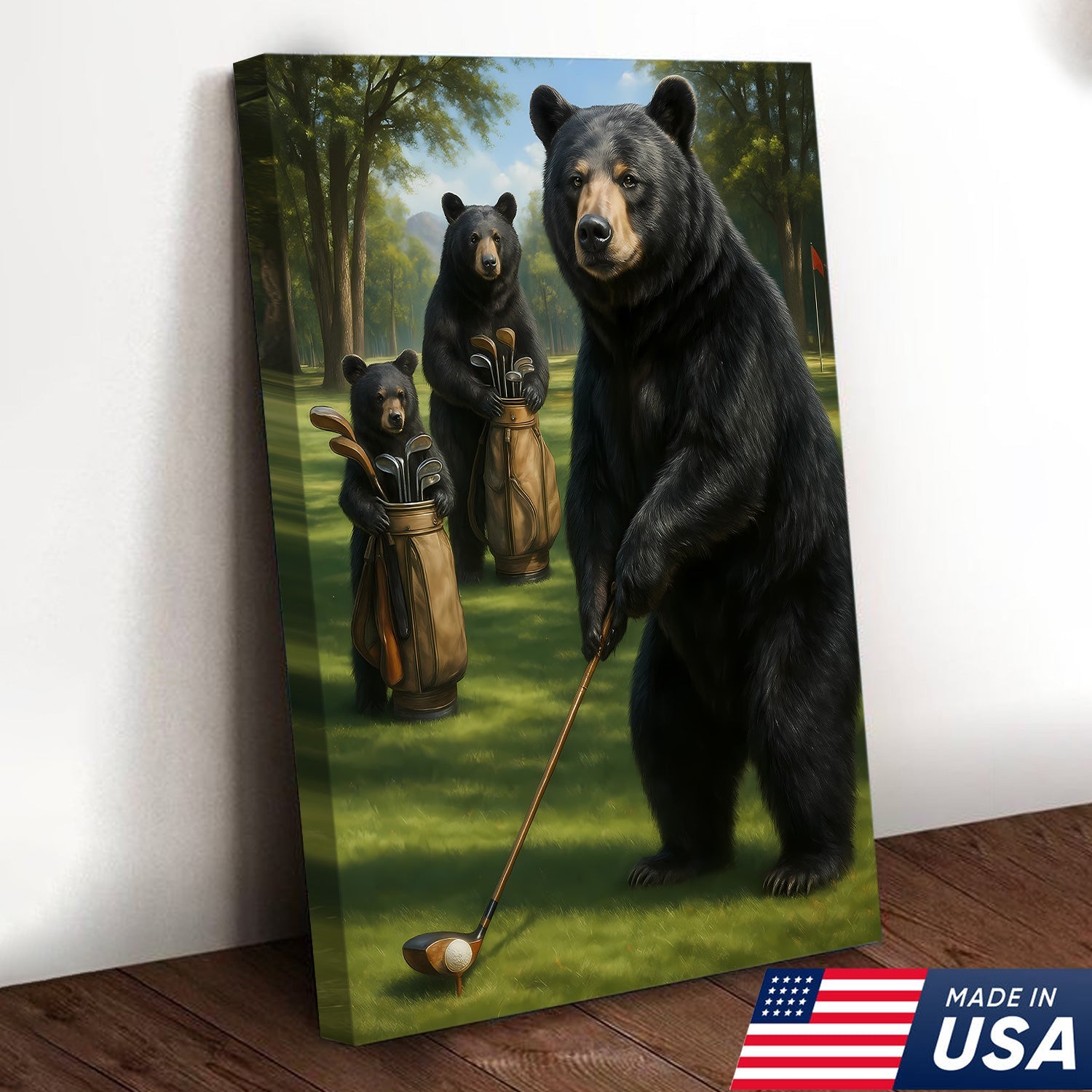 Funny Bear Golf Canvas – Rustic Cabin Wall Art Gift for Hunters, Golf Lovers & Man Caves