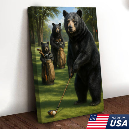 Funny Bear Golf Canvas – Rustic Cabin Wall Art Gift for Hunters, Golf Lovers & Man Caves