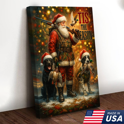 Rustic Christmas Hunting Canvas Art - Santa with Hunting Dogs and Ducks Holiday Wall Decor