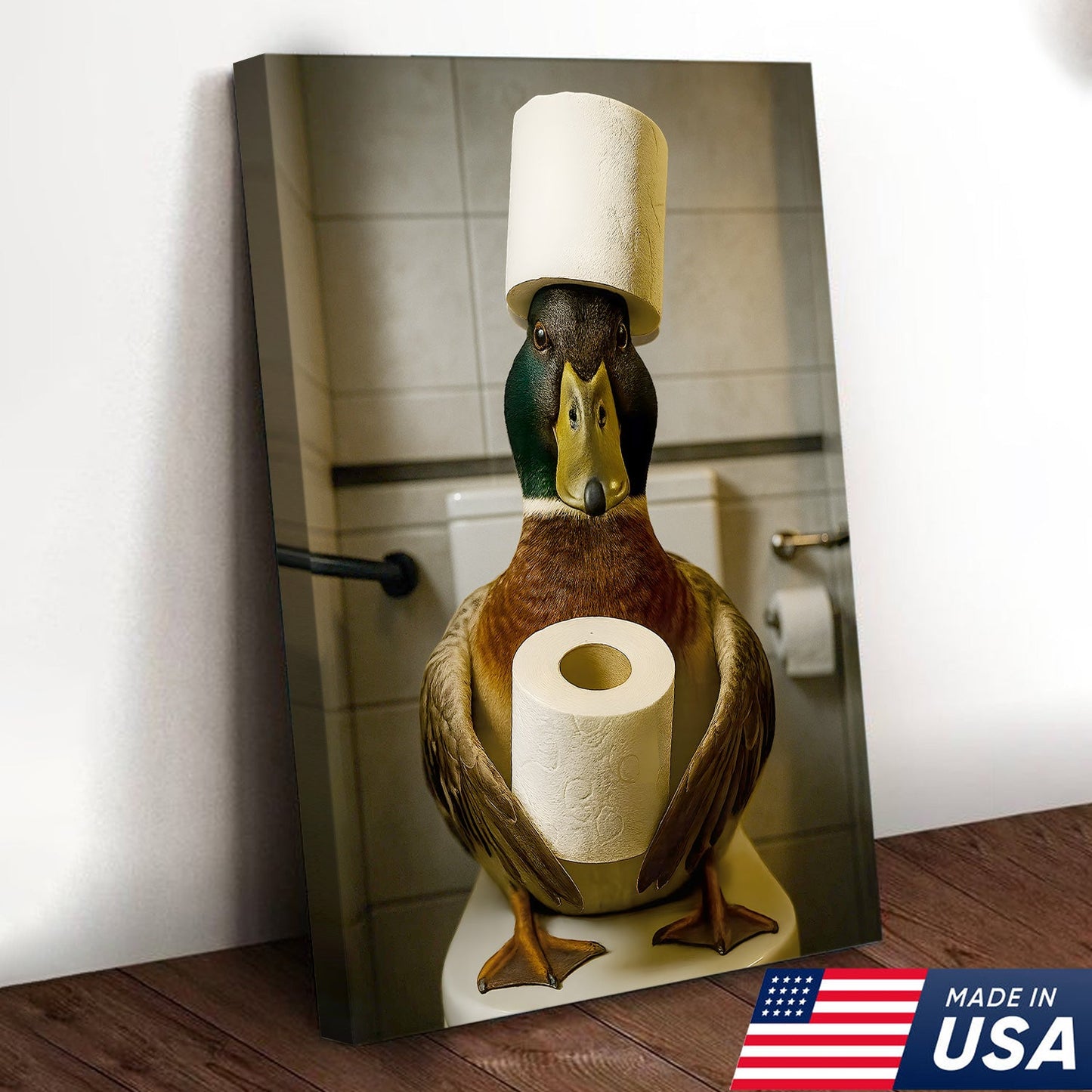 Funny Duck Bathroom Canvas Wall Art – Rustic Toilet Canvas for Cabin, Lodge & Man Cave Decor