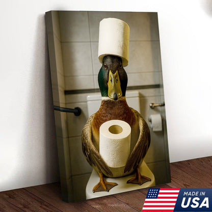 Funny Duck Bathroom Canvas Wall Art – Rustic Toilet Canvas for Cabin, Lodge & Man Cave Decor