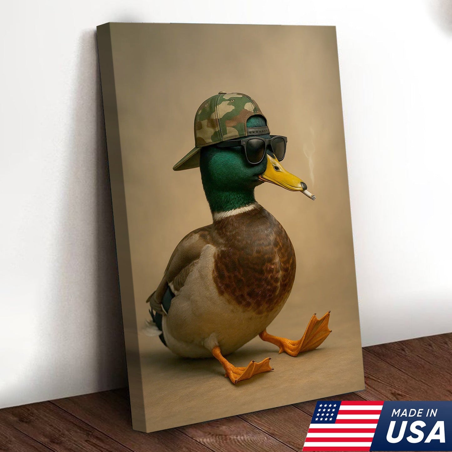 Cool Mallard Duck with Camo Hat Wall Art – Funny Hunting Canvas Print