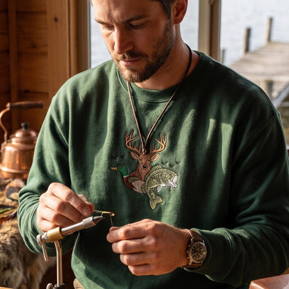 Embroidered Deer Duck Fish Sweatshirt, Hunting and Fishing Crewneck