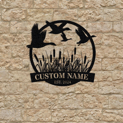 Personalized Flying Mallard Duck Metal Sign: Hunting Cabin Decor