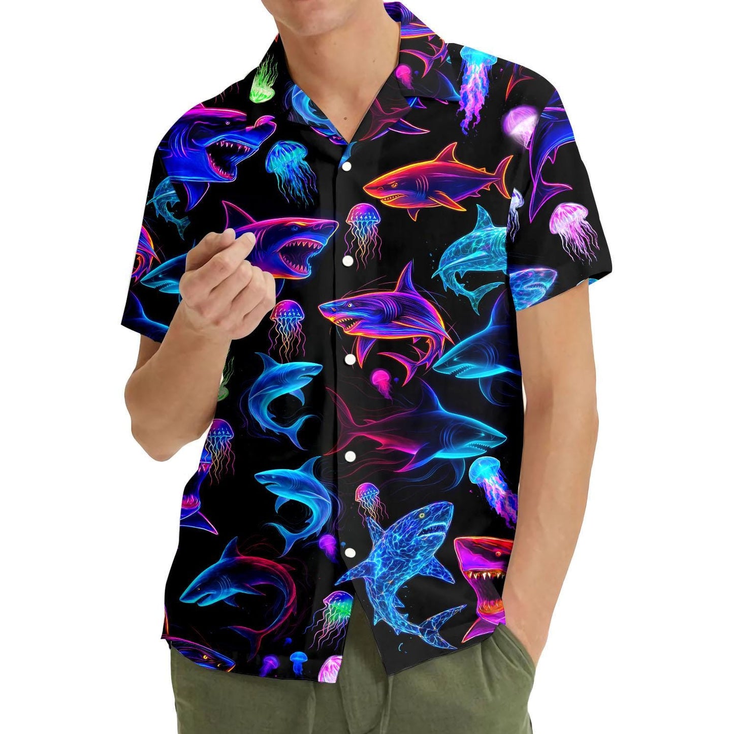 Neon Shark Hawaiian Shirt For Men Women Youth, Shark Aloha Shirt Short Sleeve Button Down