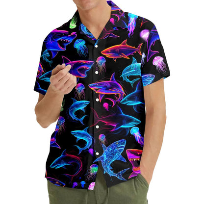 Neon Shark Hawaiian Shirt For Men Women Youth, Shark Aloha Shirt Short Sleeve Button Down