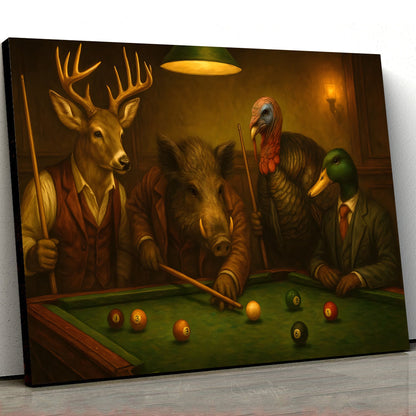 Hunter’s Billiard Crew Canvas Wall Art – Deer, Boar, Duck & Turkey Playing Pool – Rustic Hunting Cave