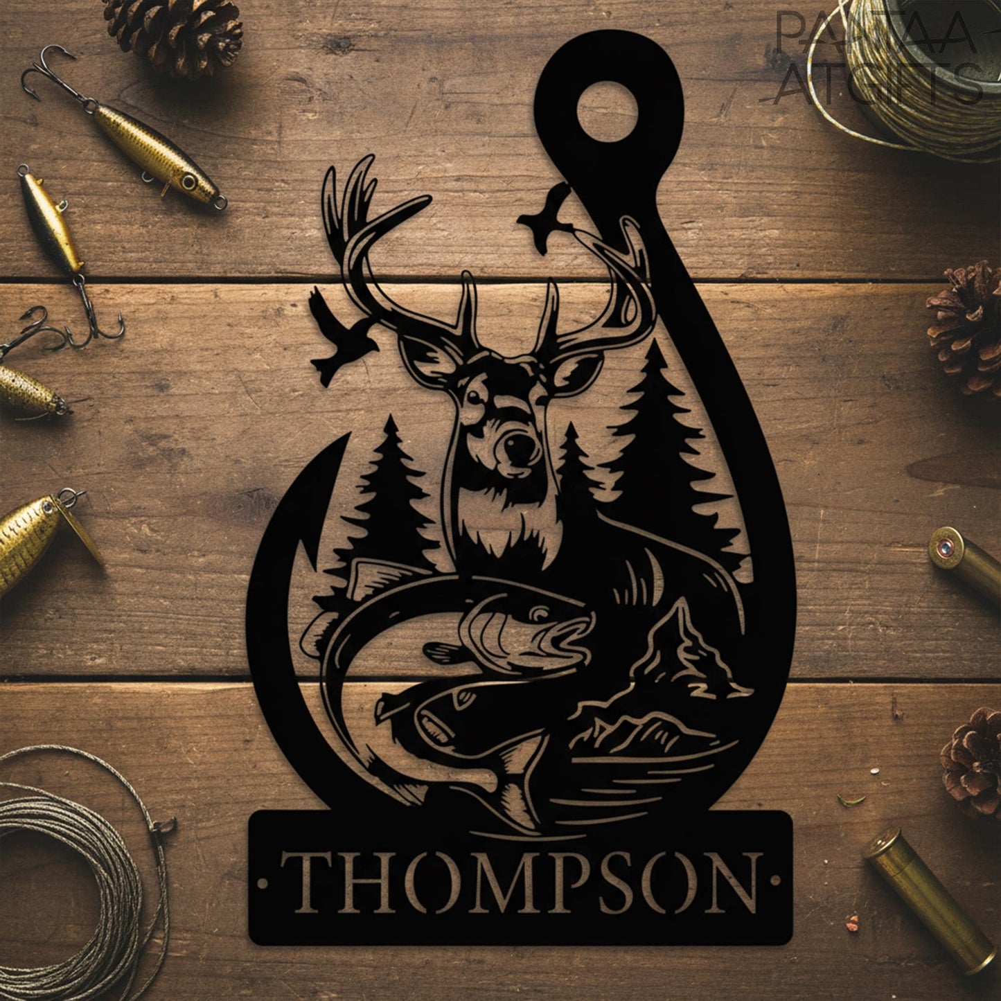 Personalized Deer & Fish Metal Sign, Family Name Outdoor Decor