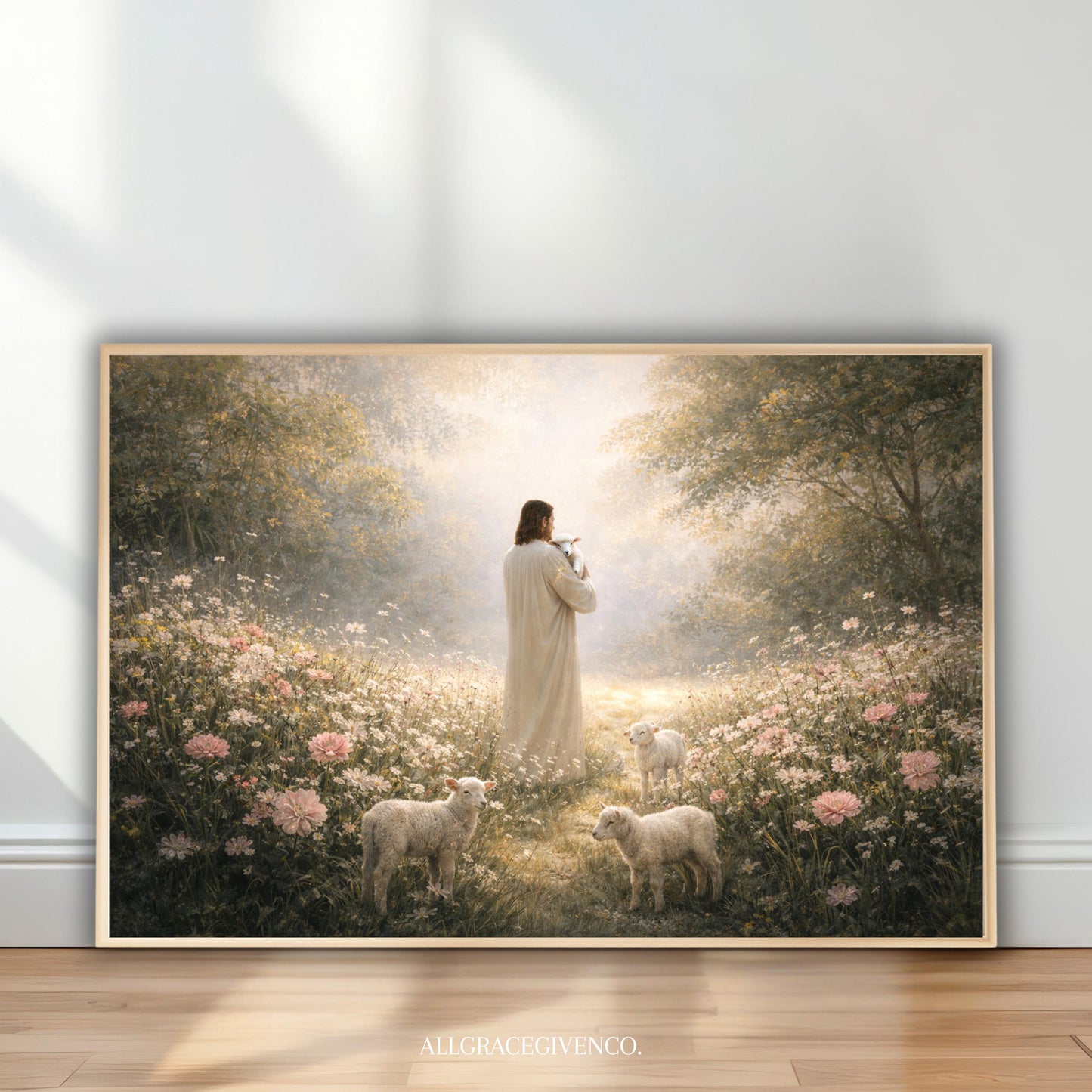 Good Shepherd Christian Canvas Wall Art, Jesus with Lambs in Meadow home Decor