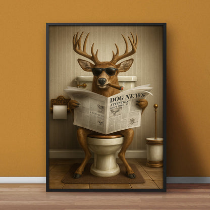 Funny Deer on Toilet Canvas – Hilarious Animal Art Print with SunGlasses and Smoking Reading Newspaper.