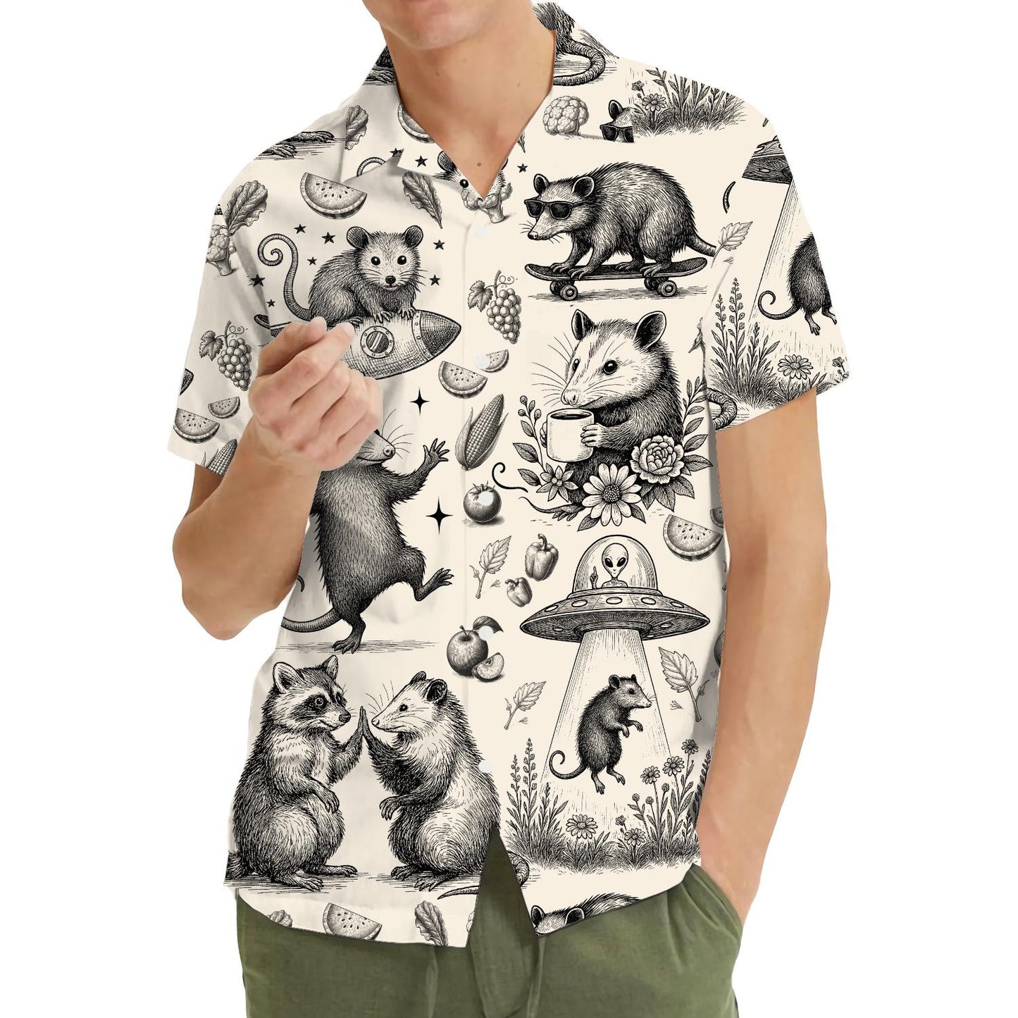 Funny Opossum Hawaiian Shirt Men Women Youth, Vintage UFO Coffee Possum Shirt