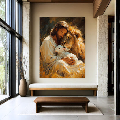 Jesus Lion and Lamb Canvas Wall Art Christian Home Decor