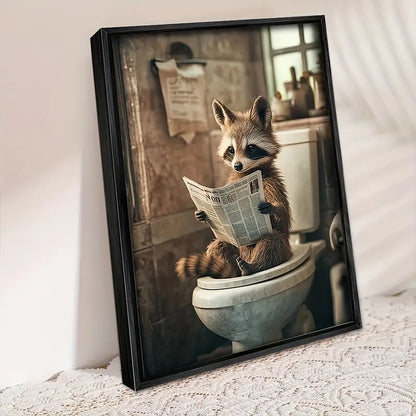 Raccoon Reading Newspapers on Toilet Framed Canvas