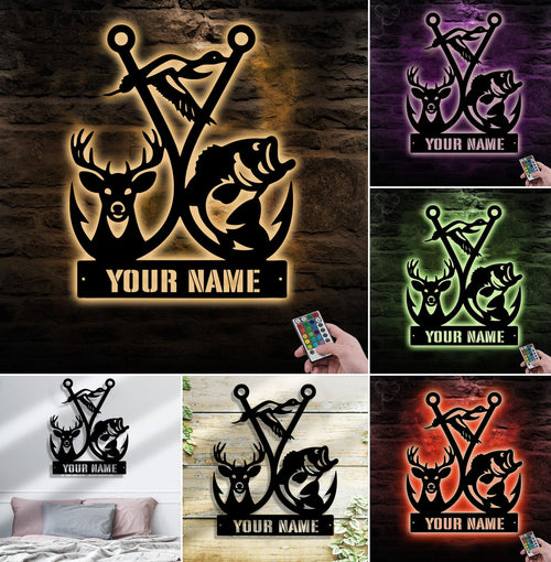 Personalized Hunting Fishing Metal Sign WITH LED/WITHOUT LED, Deer Duck Bass Wall Decor
