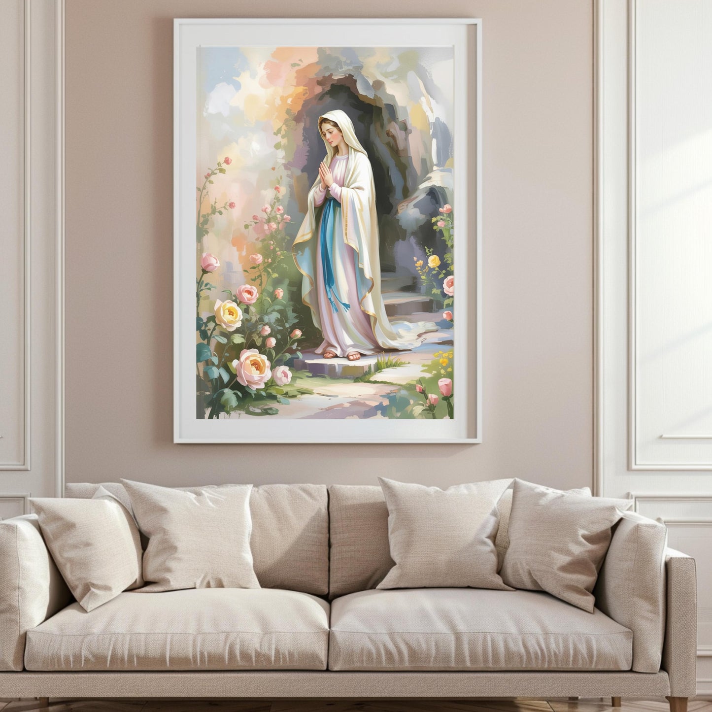 Virgin Mary Art Print: Serene Floral Catholic Home Decor Wall Art
