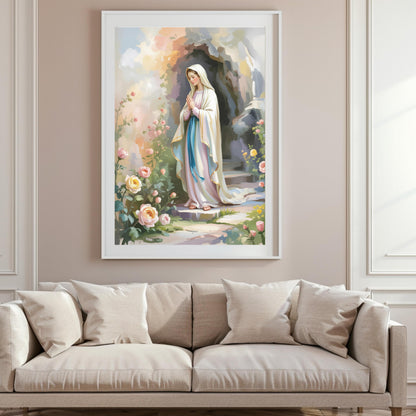 Virgin Mary Art Print: Serene Floral Catholic Home Decor Wall Art