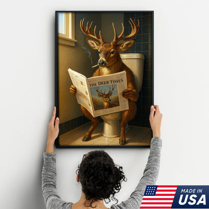 Funny Deer Canvas Wall Art – Buck Reading Newspaper on Toilet – Whitetail Deer Bathroom
