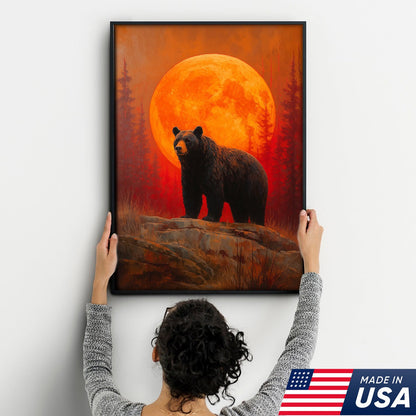 Bear Canvas Wall Art – Majestic Black Bear with Fiery Orange Full Moon