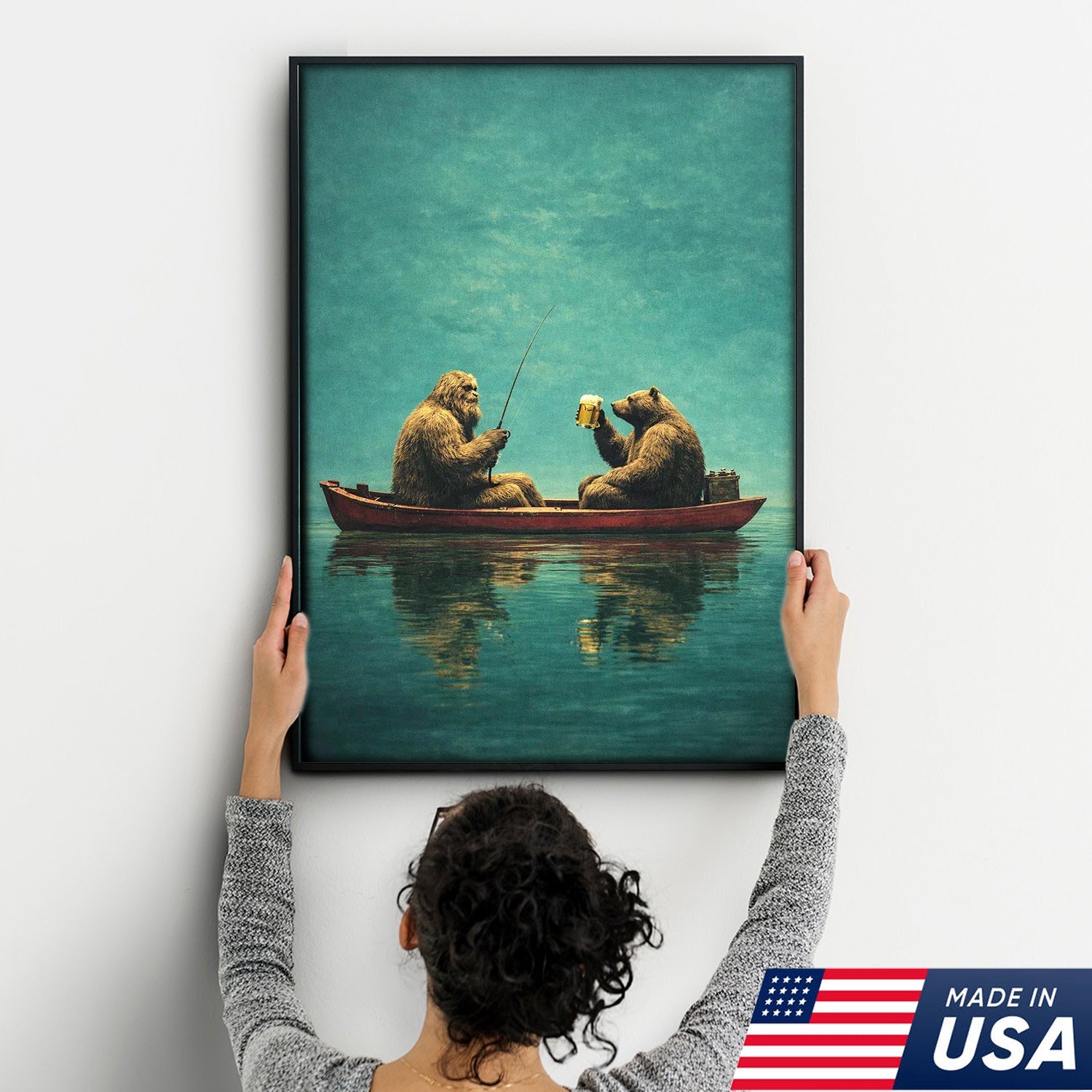 Whimsical Bear Fishing Canvas Wall Art, Surreal Animal Friendship Painting