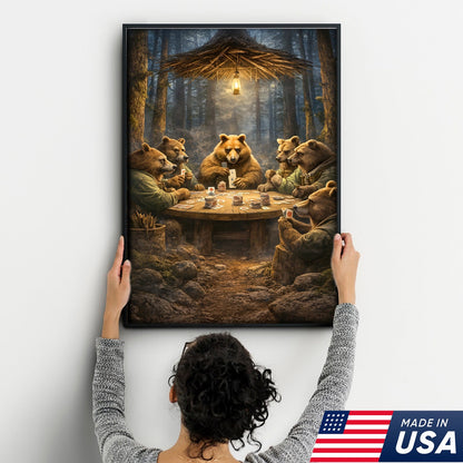 Funny Bear Poker Night Wall Art Canvas – Rustic Forest Animal Card Game Canvas Decor