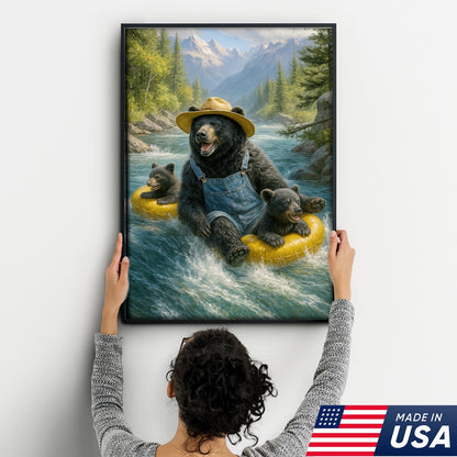 Bear River Adventure Canvas Wall Art – Cute Bear Family Wall Decor for Cabin & Nature Lovers