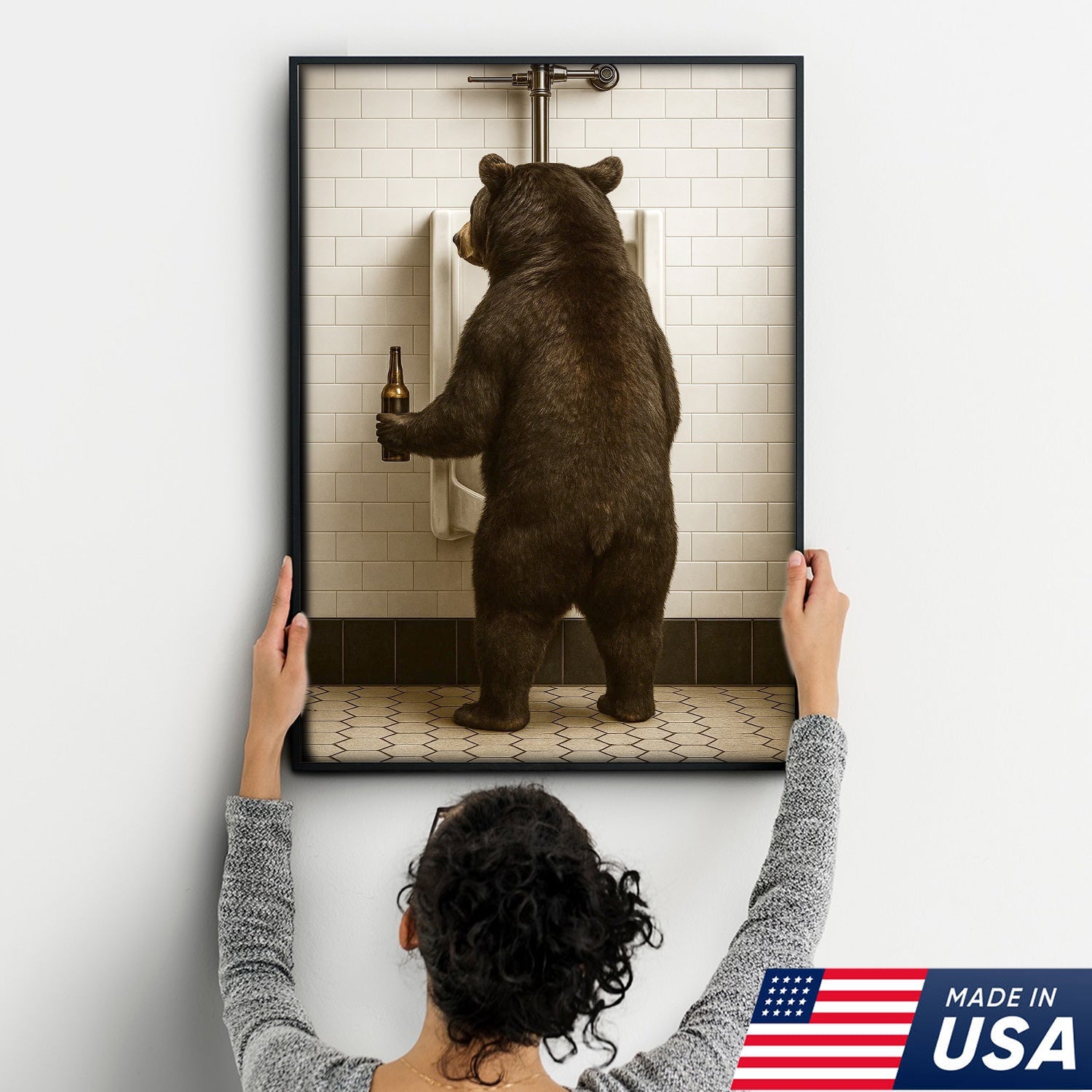 Funny Black Bear Canvas Wall Art – Hilarious Bathroom Humor Decor – Rustic Cabin Lodge Gag Gift