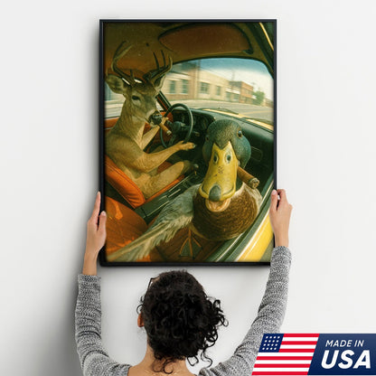 Wild Road Trip Canvas Wall Art – Deer & Duck Adventure Scene – Quirky Rustic Cabin Decor