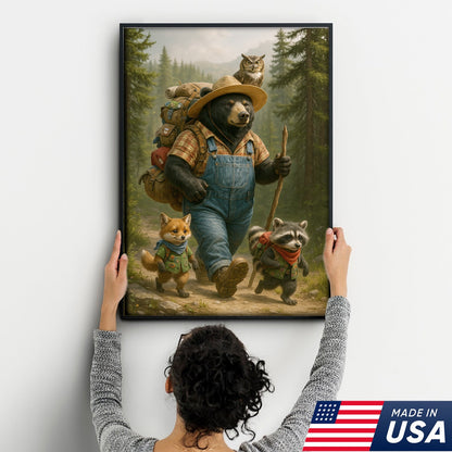 Bear Hiking Adventure Canvas Art – Cute Woodland Animal Wall Decor for Cabin & Home