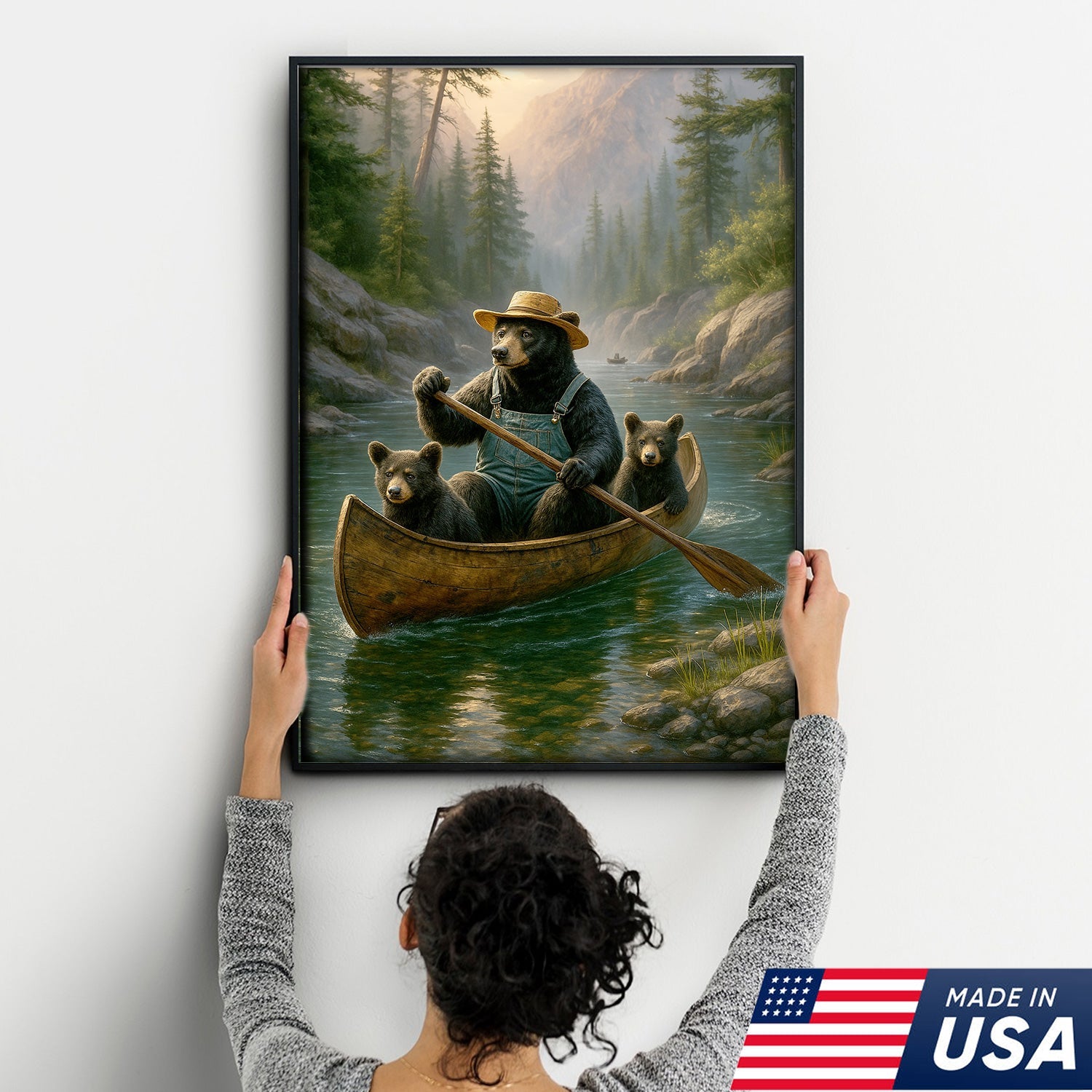Bear Family Canoe Adventure Canvas Wall Art – Rustic Wildlife Wall Decor for Cabin & Home