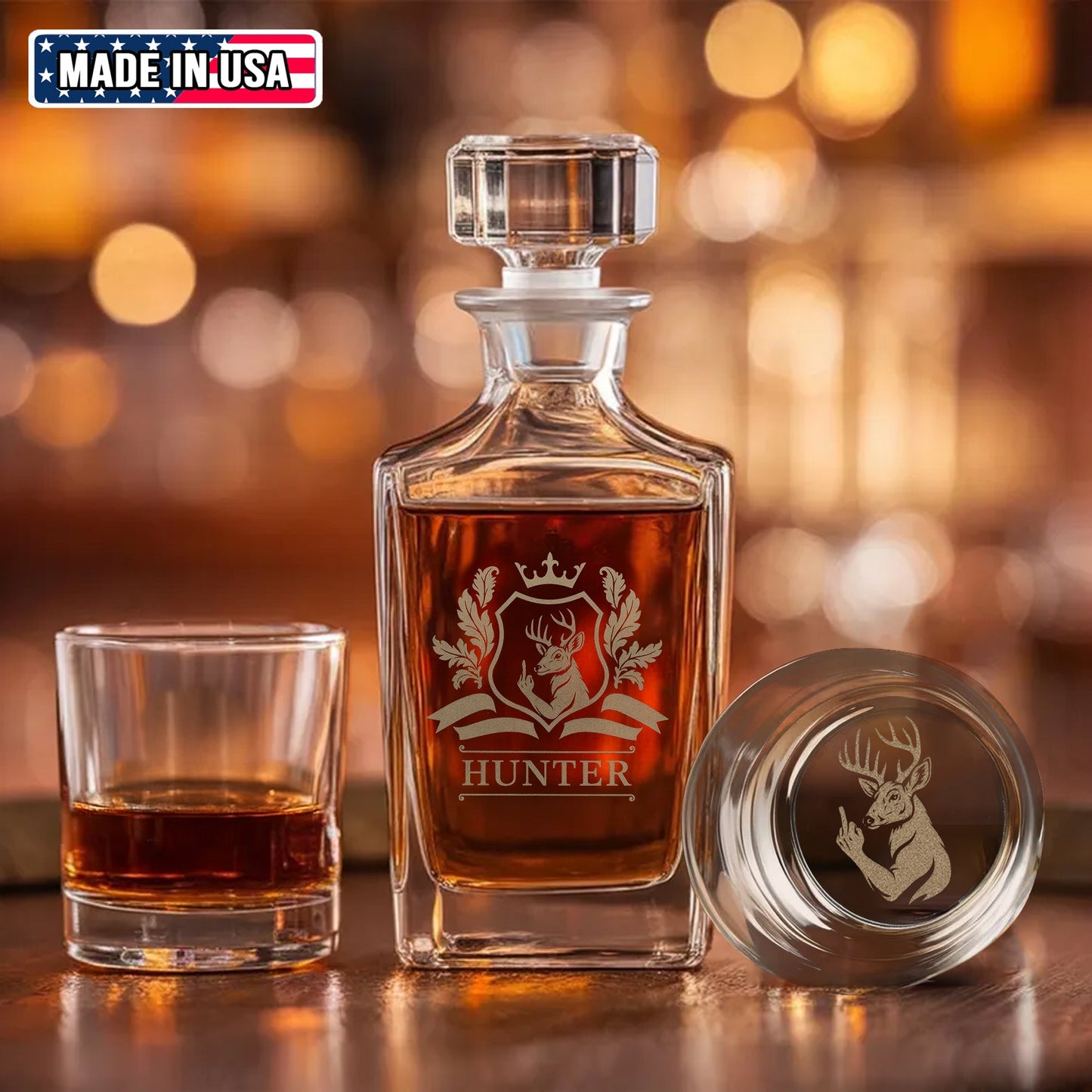 Luxury Deer Hunting Whiskey Decanter & Glass Set – Engraved Buck Glass Gift for Men & Outdoors Lovers