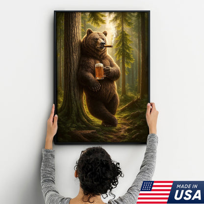 Rustic Bear in Forest Canvas Wall Art, Woodland Animal Decor, Nature Landscape Home Decoration