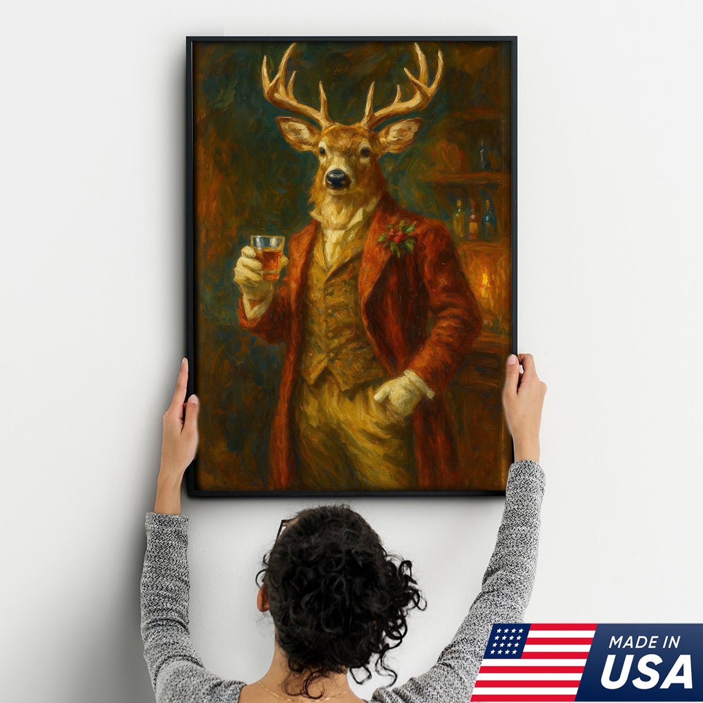Deer Gentleman Wall Art Canvas – Whiskey Hunter Canvas Decor for Rustic Cabin