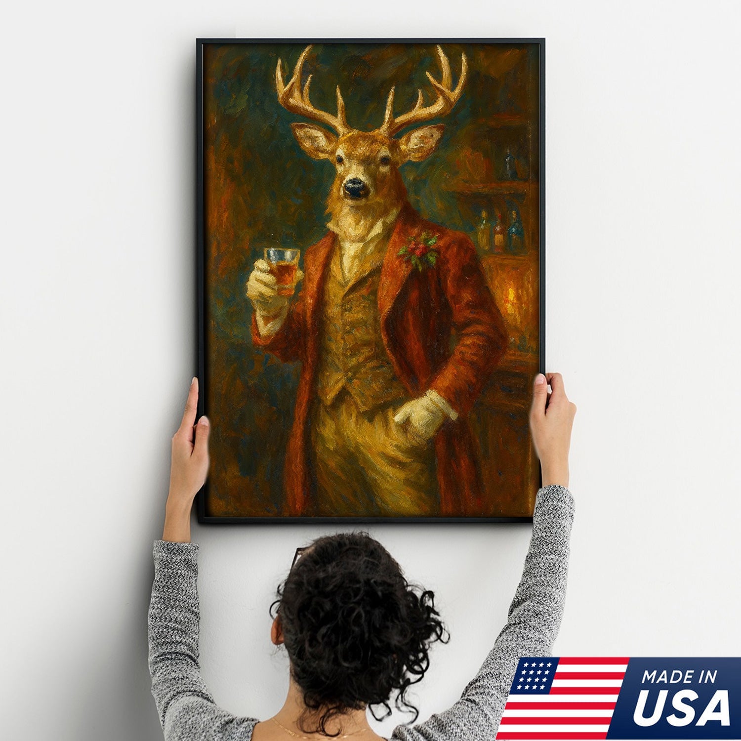 Deer Gentleman Wall Art Canvas – Whiskey Hunter Canvas Decor for Rustic Cabin
