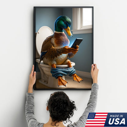Funny Duck on Toilet Canvas Wall Art – Hilarious Gift for Men, Husband or Bathroom Decor