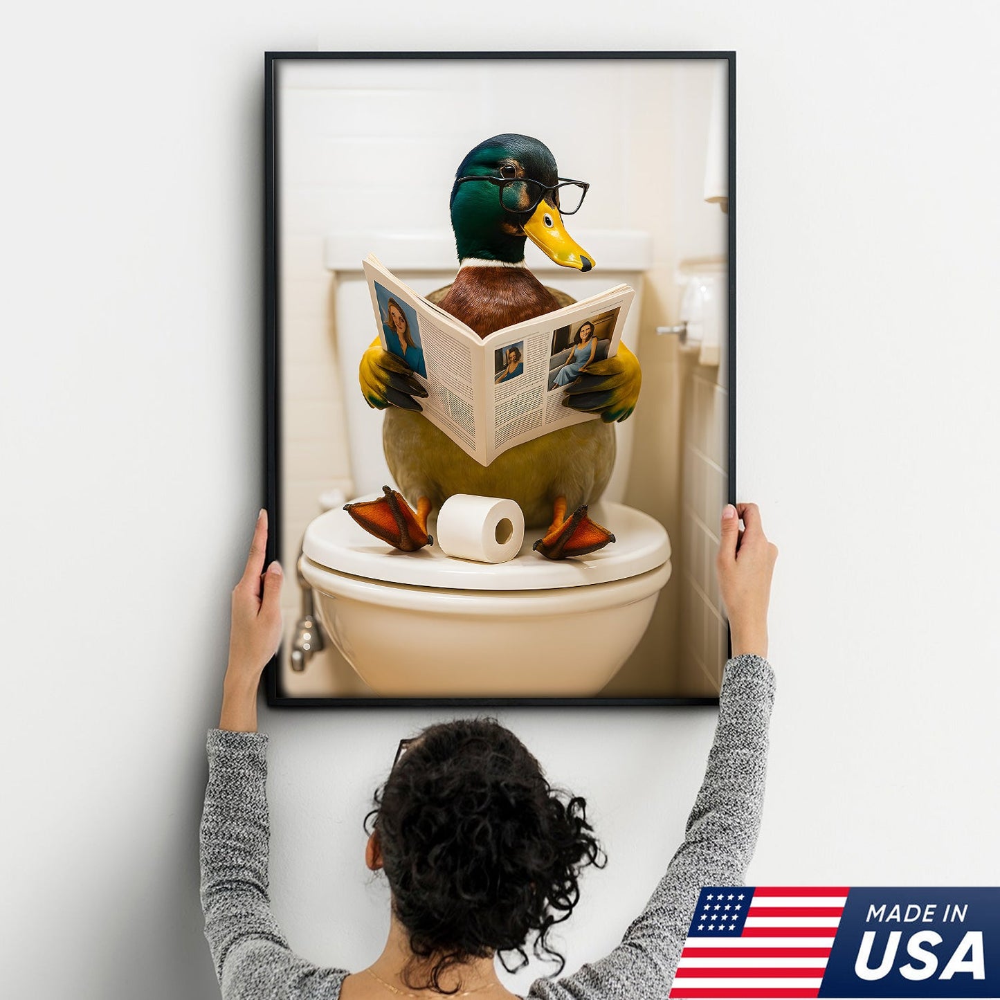 Funny Duck Bathroom Canvas Wall Art – Unique Gift for Hunters, Wildlife Lovers & Cabin Decor