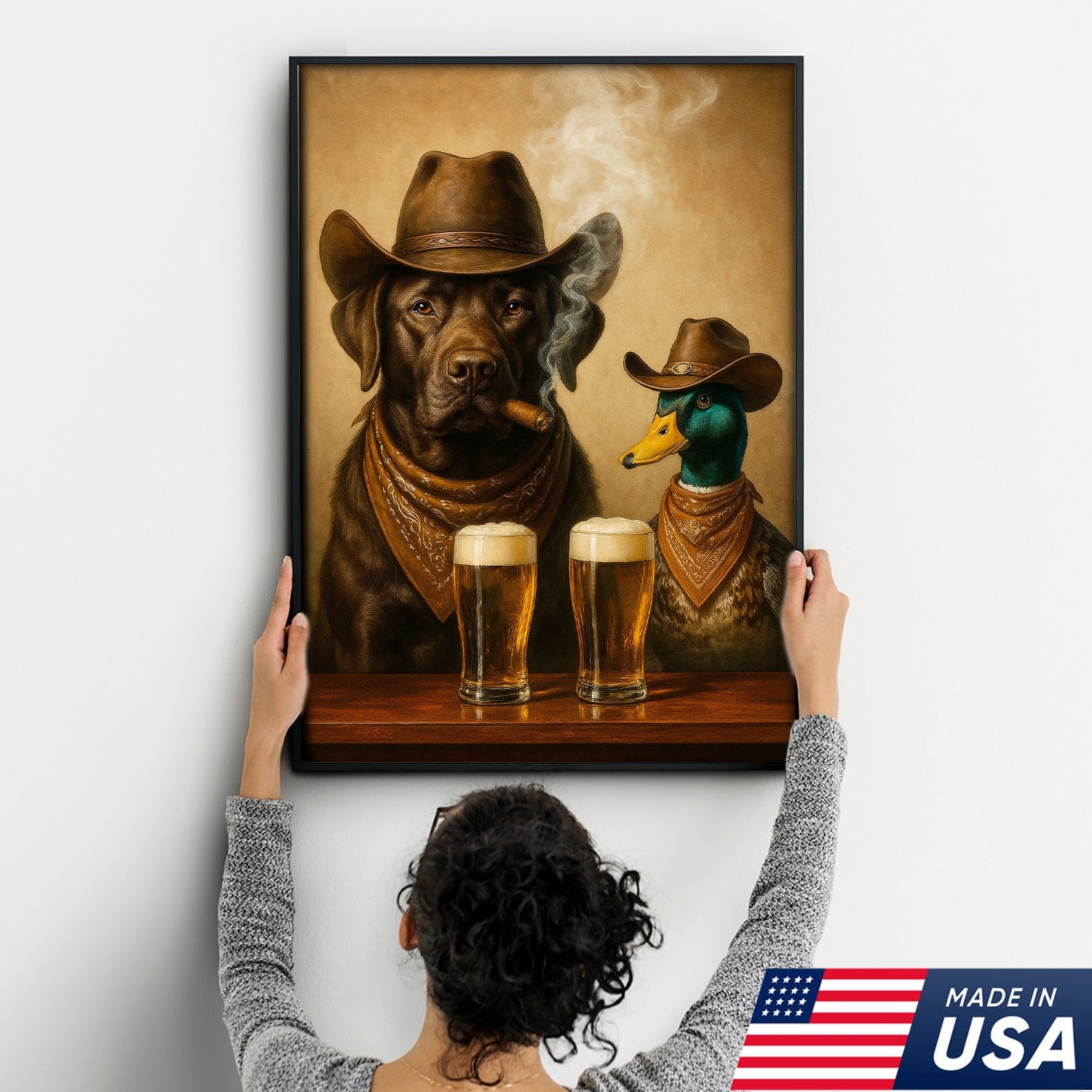 Funny Dog and Duck Canvas Wall Art – Rustic Cowboy Bar Decor Gift for Hunters and Lodge Lovers