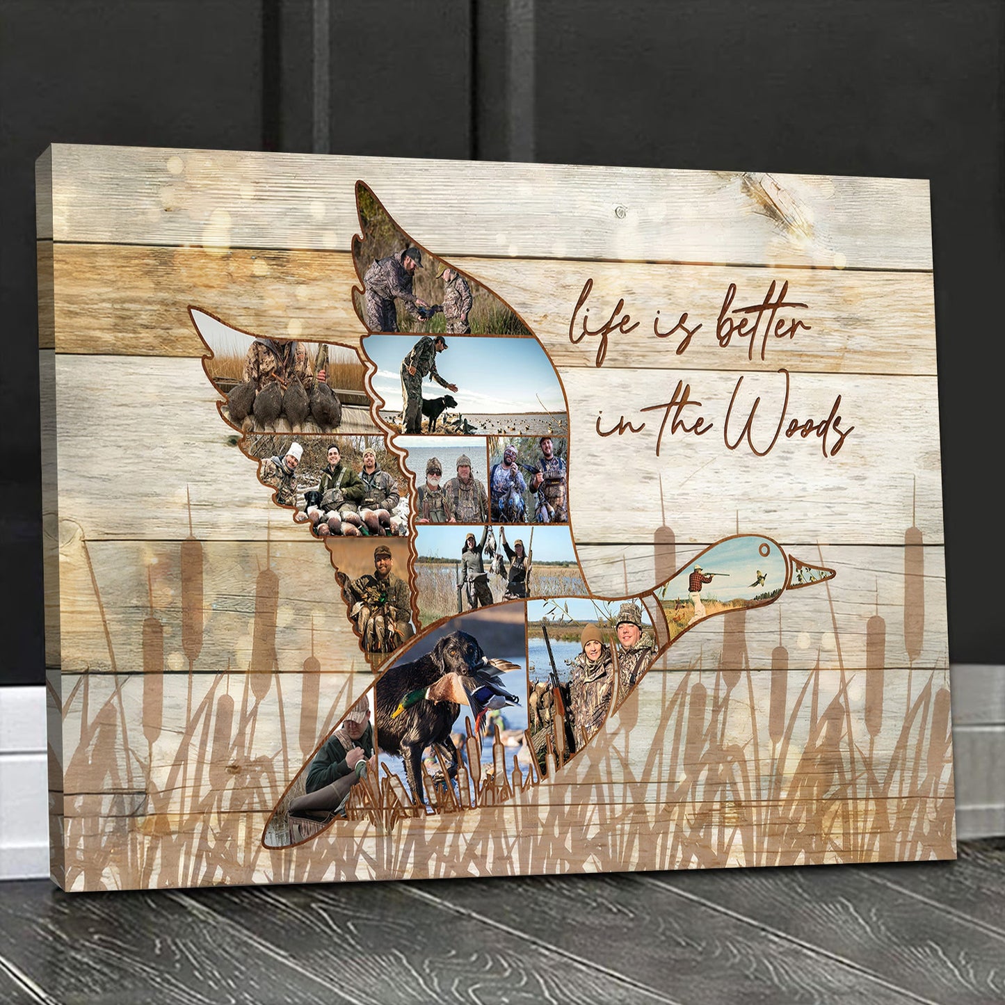 Custom Photo Duck Hunting Collage Canvas, Rustic Wood Look, Personalized Waterfowl Hunter Gift Wall Art