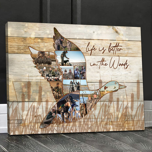 Custom Photo Duck Hunting Collage Canvas, Rustic Wood Look, Personalized Waterfowl Hunter Gift Wall Art