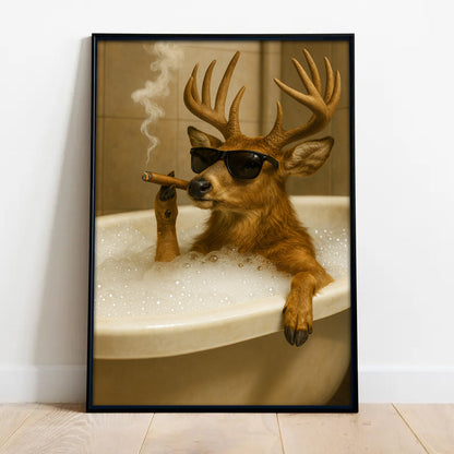 Funny Deer in Bathtub Canvas – Retro Animal Art Print with SunGlasses and Smoking for Wall Decor