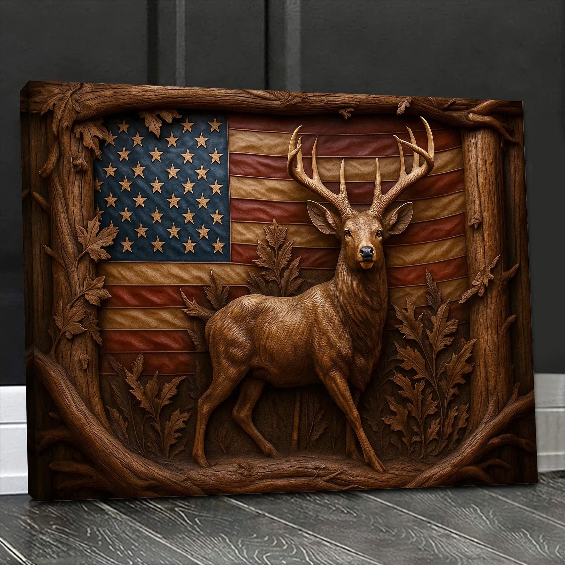 American Deer Flag Canvas Wall Art — Rustic Patriotic Design with Buck and Carved Wood Frame
