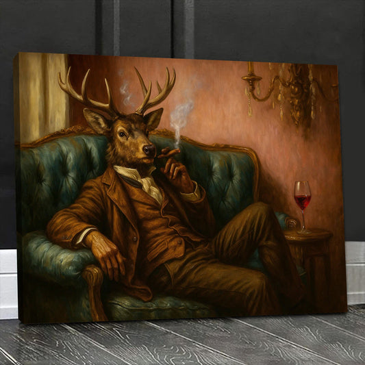 Deer Gentleman Canvas Wall Art – Dapper Buck in Suit on Teal Sofa, Vintage Lounge Portrait