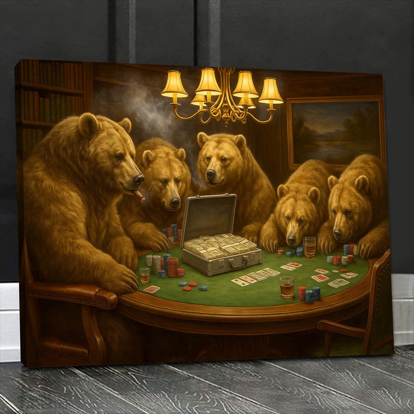 Bears Playing Poker Canvas Wall Art, Funny Casino Game Room Decor, Bear Poker Table Print