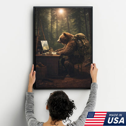 Bear Remote Work Canvas Wall Art, Whimsical Forest Office Animal Illustration