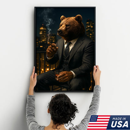 Boss Bear Wall Art – Suited Animal Smoking Canvas, Whiskey Lounge Decor, Alpha Man Gift