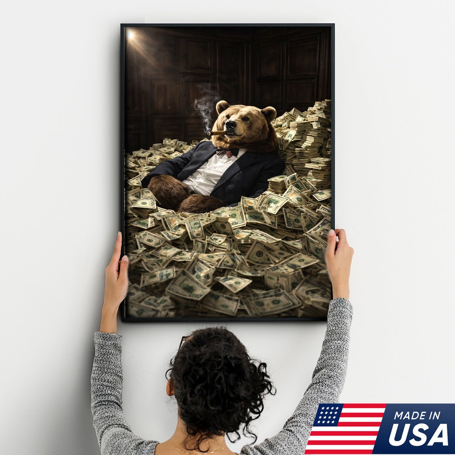 Luxury Bear Wall Art Canvas Print, Powerful Wealth Animal Portrait Illustration