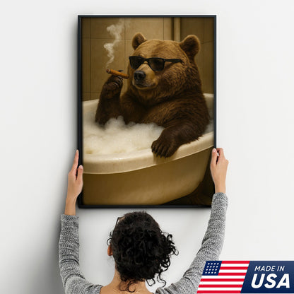 Cool Bear Canvas Wall Art – Funny Relaxing Bathtub Gift for Hunters & Outdoorsmen