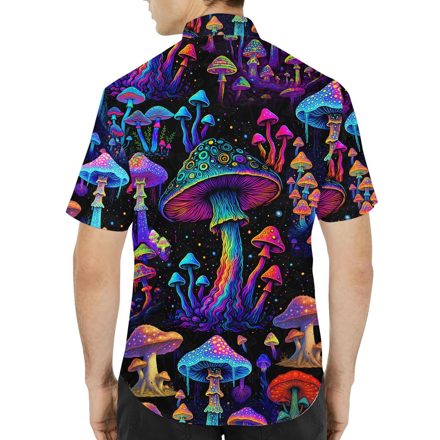 Psychedelic Mushroom Hawaiian Shirt for Men Women Youth, Neon Shrooms Button-Up Shirt Short Sleeve